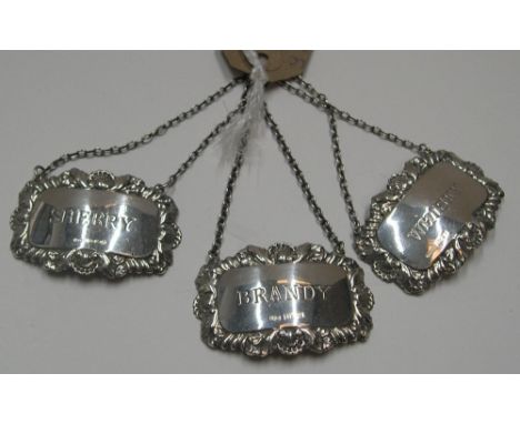 Antique English set of silver decanter labels, Sherry, Whiskey &amp; Brandy 