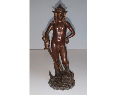 Unsigned antique bronze (possibly French) young mythical boy with large sword,25 cm high,Please note - The bronze is soldered