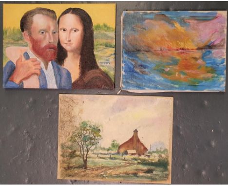 3 oils by different artists including G Haigh, oil of Van Gogh & Mona Lisa portrait, all unframed,Each oil measures approx 39