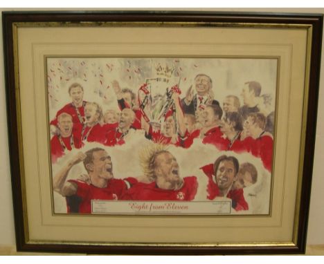 Limited edition Manchester United print (154/950 by D J Walker, framed and glazed28 x 39 cm 