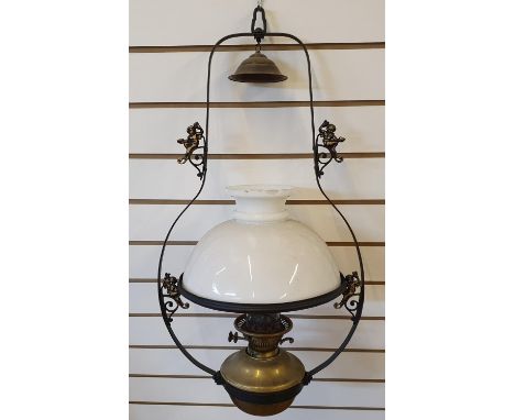 Large Duplex no 1 hanging oil lamp with milk glass shade 