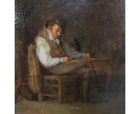 Unsigned, early 19thC oil on hand cut oak panel portrait "The sleeping drunk", unframed,23 x 22 cm 