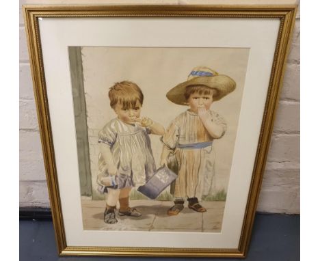 Minnie SMYTHE (1872-1955) watercolour portrait of 2 young girls, signed, modern mount and thin gold coloured frame,The waterc