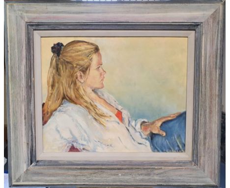 Indistinctly signed oil on board, "Portrait of a young woman" in wide wood frame,39 x 49 cm 