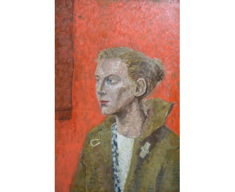 Large unsigned 1970s British modern school, oil on board, portrait of a young girl, framed,75 x 50 cm 