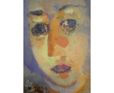 Indistinctly signed 1995 oil on card, portrait "The Face", mounted and framed,14 x 10 cm 
