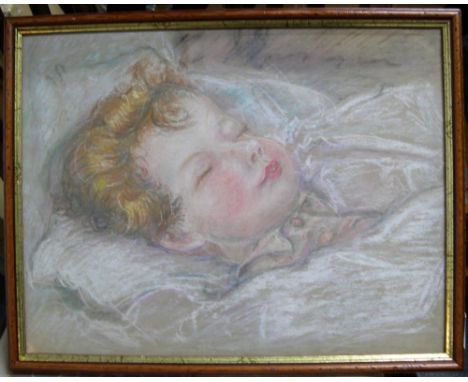 circle of Margaret Winifred TARRANT (1888-1959), early 20thC chalks portrait of a sleeping child, unsigned, thin wood frame,2