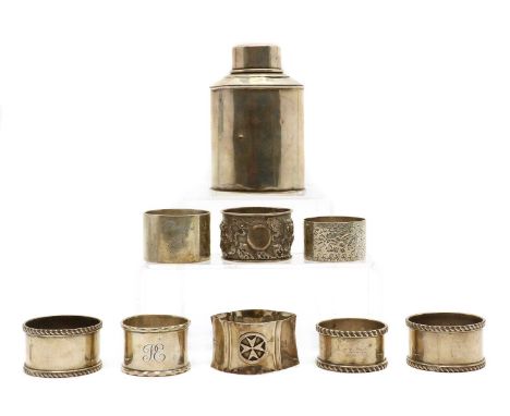 by William Hutton &amp; Sons Ltd, Chester 1914,10cm high,and eight silver napkin rings,to include a Chinese example, decorate