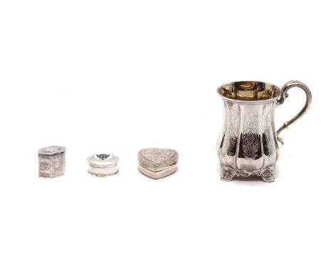 by John Bacon, London 1846,12cm hightogether with three silver snuff boxes,comprising a heart form example, possibly Indian, 