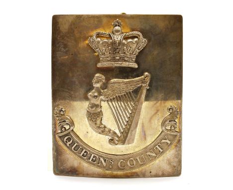 with a  silvered rectangular plate mounted with crown, Maid of Erin Harp and ornate end scroll 'Queens County', the reverse w