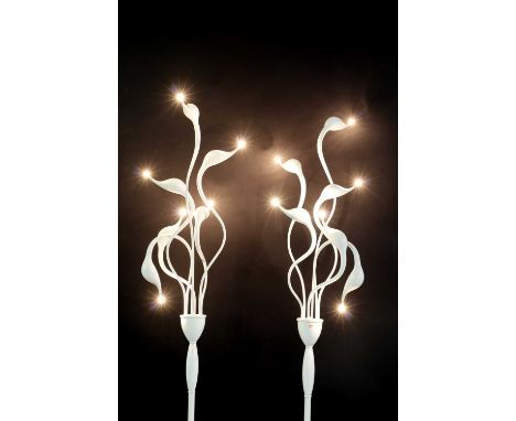 A pair of Illuminati Lighting swan six standard lamps, of recent manufacture with five arms modelled as swans to a circular b