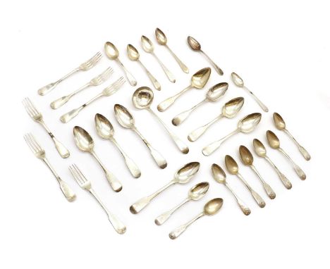 to include a sauce ladle, by IL, Edinburgh 1800, 18.2cm long, a set of six dessert forks, by Mary Chawner, various dates, and