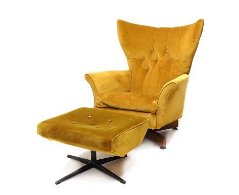 1960s, in the manner of the model 6250 chair, upholstered in ochre velvet, the curved back with buttoned detailing, raised on