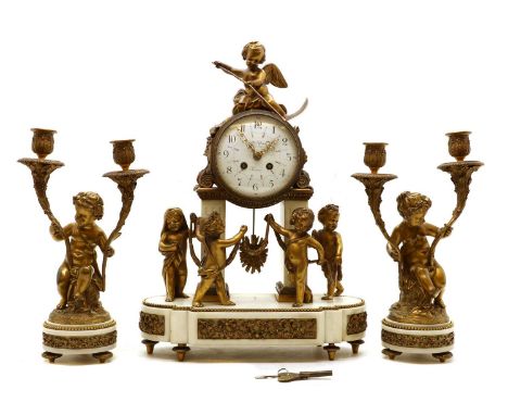 late 19th century, the enamel dial inscribed 'Gille Laine', surmounted with a putto wielding a scythe, the two train movement