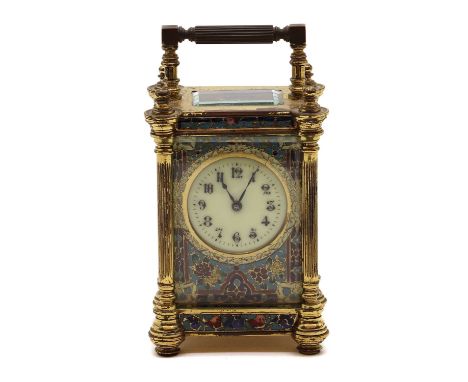 late 19th century, the white dial with Arabic numbers and minute track within a four fluted and turned column case with ename
