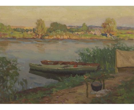 Camp on the lakesigned and inscribed verso (behind backboard), oil on board47.5 x 60.5cmCondition ReportFramed: 60 x 74cmPres