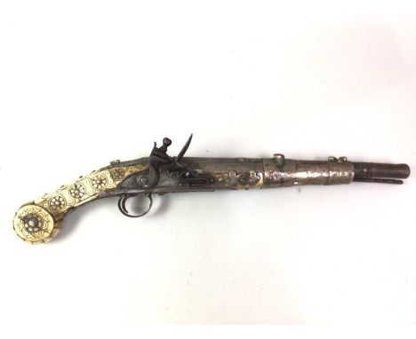 OTTOMAN FLINTLOCK HOLSTER PISTOL, 19TH CENTURY  with steel barrel and ramrod, with engraved bone and white metal mounts set w