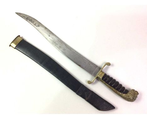 VICTORIAN NAVAL SHORT SWORD, with shaped steel blade, brass hand guard, cast brass lions head pommel and ribbed wooden grip, 