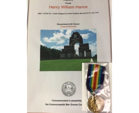 WWI VICTORY MEDAL, FIRST DAY OF THE SOMME CASUALTY PRIVATE HENRY HANCE, inscribed 6609... 14 LOND-R., of the London Scottish,