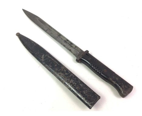 K98 MAUSER BAYONET, with fullered steel blade stamped with numbers to ricasso, over a two-piece grip, in laquered scabbardthe