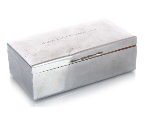 SHIPPING INTEREST, DONALDSON ATLANTIC LINE CIGARETTE BOX, CIRCA 1938  in chromed metal, the hinged cover inscribed DONALDSON 