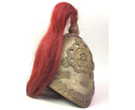 UNIDENTIFIED CAVALRY HELMET, LATE 19TH / EARLY 20TH CENTURY possibly Yeomanry, the brass lobster tail skull with red horse ha