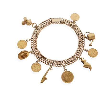  A charm bracelet  Composed of flattened curb-style links, suspending various charms and Mexican two pesos coins, unmarked Le