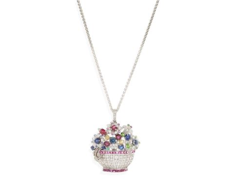  A multi-gem giardinetto pendant necklace  Modelled as a basket of flowers, set throughout with round, oval and cushion-cut r