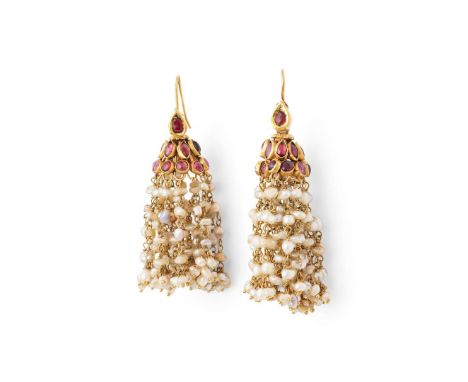  Two pairs of Indian gem-set earrings  The first suspending various seed pearl tassels from a foil-backed ruby cap, hook fitt