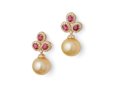  A pair of ruby, diamond and South Sea pearl earrings  Each claw-set with three oval-cut rubies in a border of round brillian