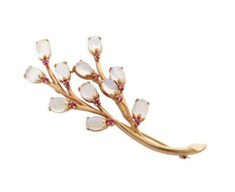  A ruby and moonstone brooch  Of foliate design, set with oval cabochon moonstones and round-cut rubies, unmarked Length: 9.5
