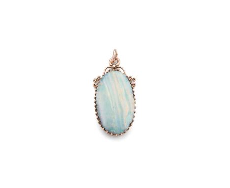  An opal pendant  Claw-set with an oval cabochon opal, scrolling detail to mount, stamped 9ct Length: 3.5cm   