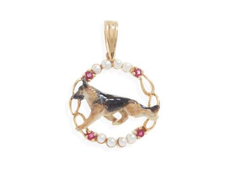 A ruby, pearl and enamel 'German Shepherd' pendant  The enamelled German Shepherd in a circular surround, set with small cul
