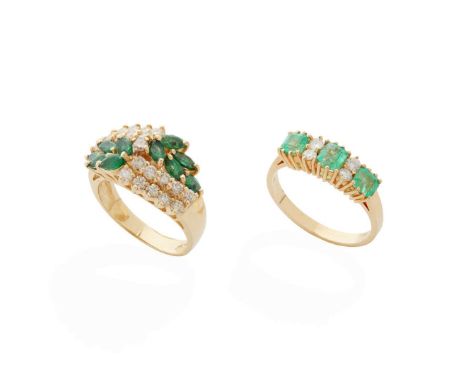  Two emerald and diamond dress rings  The fist claw-set with three graduated square step-cut emeralds and four round brillian