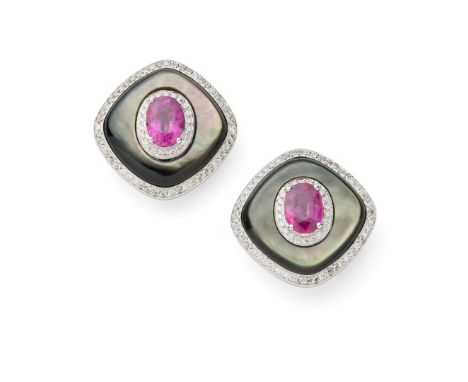  Fei Liu: A pair of ruby, mother-of-pearl and diamond earrings  Each claw-set with an oval-cut ruby, in a mother-of-pearl sur