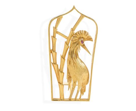  A ruby and diamond model of a bird  Modelled as an exotic bird, the eye collet-set with an oval-cut ruby and pavé-set diamon