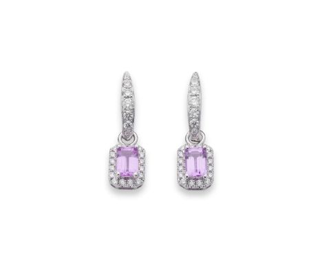  A pair of pink sapphire and diamond pendent earrings  Each hoop set to the front with graduated round brilliant-cut diamonds