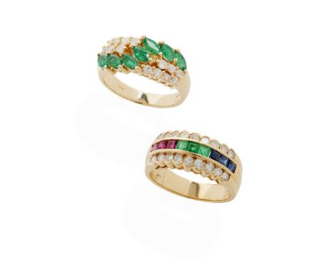  Two diamond and gem-set dress rings  The first channel-set with square step-cut rubies, emeralds and sapphires, between two 