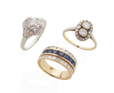  A collection of three gem-set rings  The first channel-set with a row of step-cut sapphires and two rows of step-cut diamond