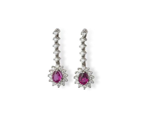  A pair of ruby and diamond pendent earrings  Each claw-set with a pear-shaped ruby in a border of round brilliant-cut diamon