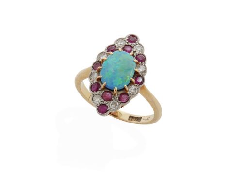  An opal doublet, ruby, and diamond ring  Claw-set with an opal doublet, in a navette-shaped surround set with eight-cut rubi