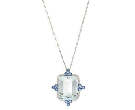  An aquamarine, diamond, and sapphire pendant necklace  Claw-set with a rectangular step-cut aquamarine, in a border of round