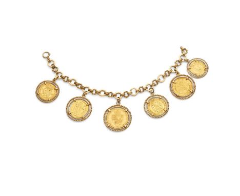  An 18ct gold coin-set charm bracelet  Composed of circular 18ct gold links, suspending various Byzantine, Roman and European