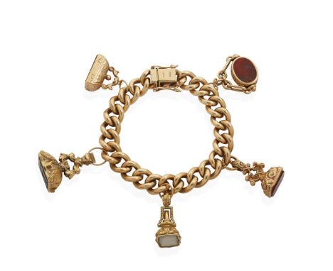  A 9ct gold charm bracelet  Composed of curb-links with alternating engraved and polished finish, suspending five agate-set f