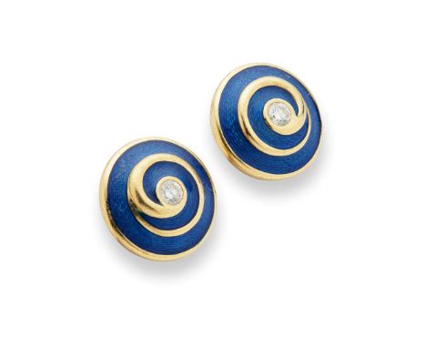  Fabergé: A pair of limited edition enamel and diamond earrings  Each of round spiralling design, collet-set to the centre wi