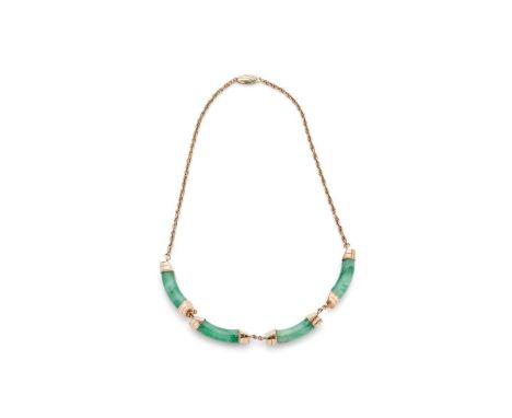  A jade necklace  Composed of three curved cylinders, to a fancy-link chain, stamped 375 Length: 40.0cm   
