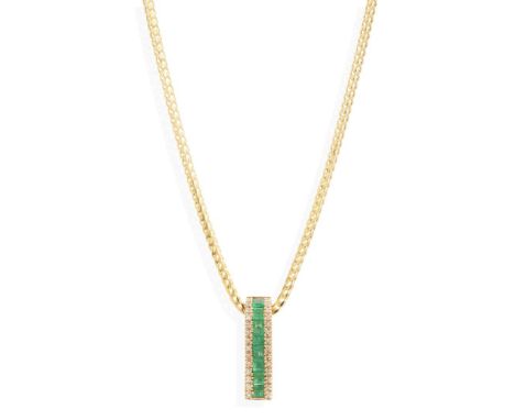  An emerald and diamond pendant necklace  The pendant of curved rectangular design, channel-set with a row of square step-cut