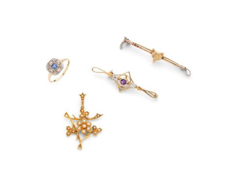  A collection of jewellery  Including a floral seed pearl pendant, stamped 15ct 18ct; a sapphire and diamond cluster ring, st