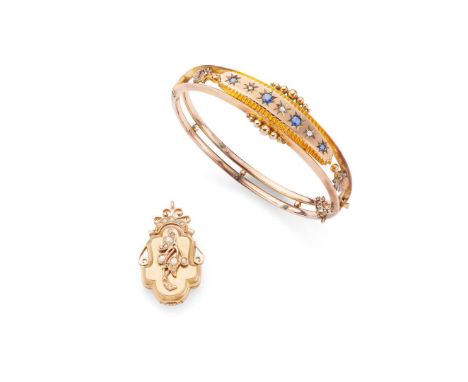  A sapphire and diamond bangle  Of hinged design, the front with beaded detail, set with cushion-cut sapphires and rose-cut d