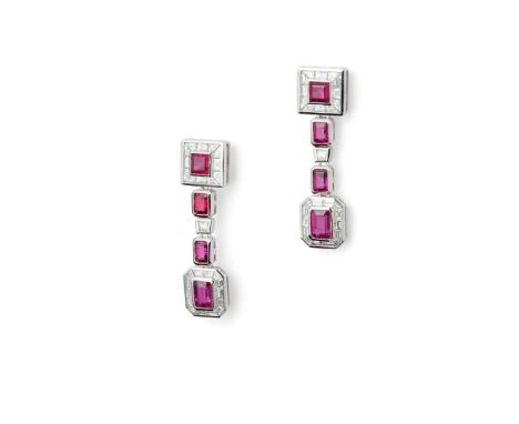  A pair of ruby and diamond pendent earrings  Each collet-set with a square or rectangular step-cut ruby, channel-set step-cu